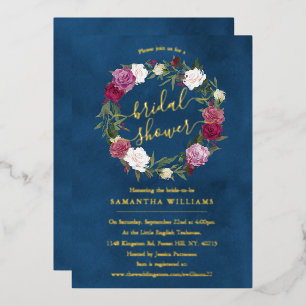 Invitación Con Relieve Metalizado Elegante Corona Floral Azul Marino Ducha de Novia