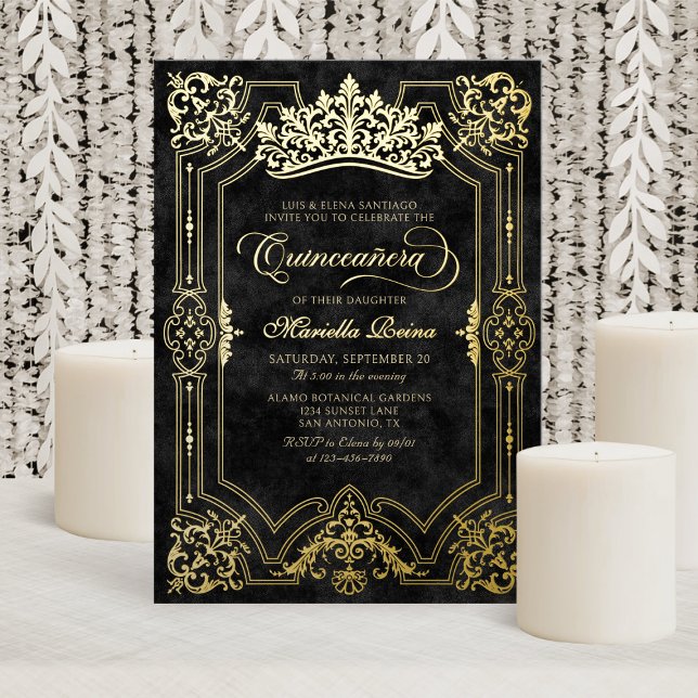 Invitación Con Relieve Metalizado Elegante Corona Negra Tiara Quinceanera (Subido por el creador)