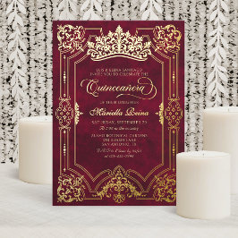 Invitación Con Relieve Metalizado Elegante Corona Roja Tiara Quinceanera