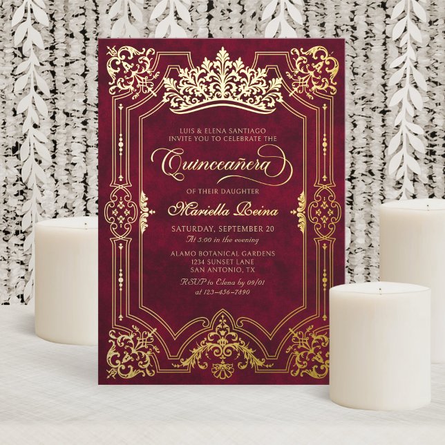 Invitación Con Relieve Metalizado Elegante Corona Roja Tiara Quinceanera (Subido por el creador)