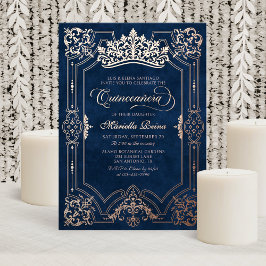 Invitación Con Relieve Metalizado Elegante Corona Rosa Tiara Quinceanera