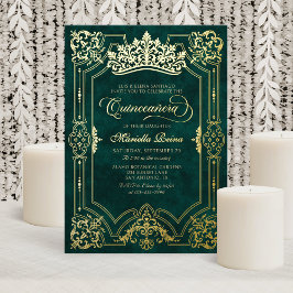 Invitación Con Relieve Metalizado Elegante Corona Verde Tiara Quinceanera