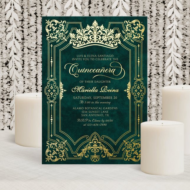 Invitación Con Relieve Metalizado Elegante Corona Verde Tiara Quinceanera (Subido por el creador)