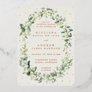 Invitación Con Relieve Metalizado Elegante Crema Snowberry+Eucalyptus Boda