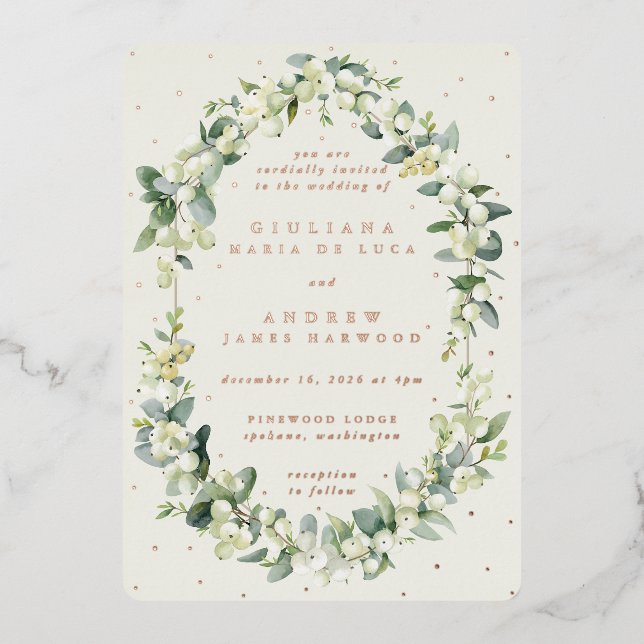 Invitación Con Relieve Metalizado Elegante Crema Snowberry+Eucalyptus Boda (Anverso)