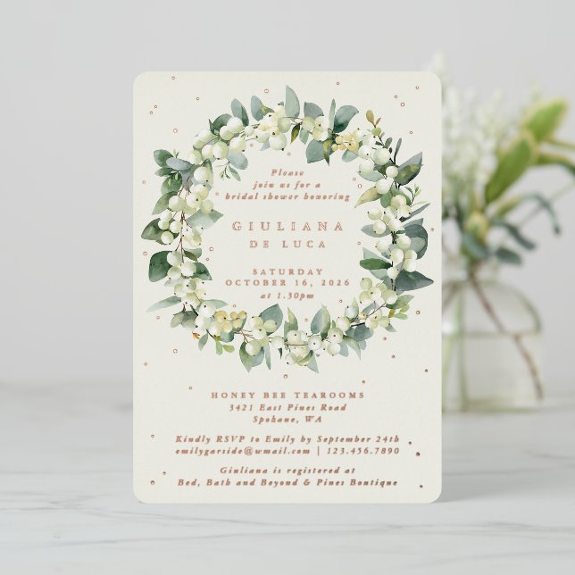 Invitación Con Relieve Metalizado Elegante Crema Snowberry+Eucalyptus Bridal Shower (Anverso de pie)
