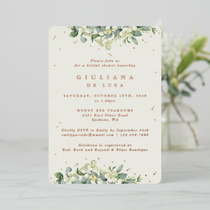 Invitación Con Relieve Metalizado Elegante Crema Snowberry+Eucalyptus Bridal Shower