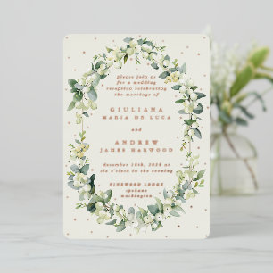 Invitación Con Relieve Metalizado Elegante Crema Snowberry+Eucalyptus Solo Recepción