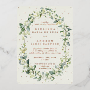 Invitación Con Relieve Metalizado Elegante Crema Snowberry+Eucalyptus Solo Recepción