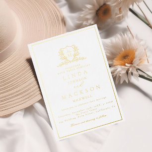 Invitación Con Relieve Metalizado Elegante cresta botánica monograma boda oro