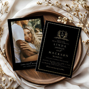 Invitación Con Relieve Metalizado Elegante cresta botánica monograma boda oro fo