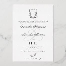 Invitación Con Relieve Metalizado Elegante Cresta de Boda en Blanco y Negro