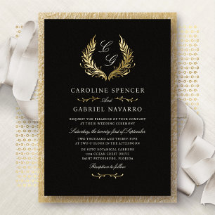 Invitación Con Relieve Metalizado Elegante Cresta de Monograma Barroco para Boda