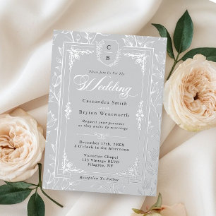 Invitación Con Relieve Metalizado Elegante Cresta de Monograma Gris Marco de Boda Pl