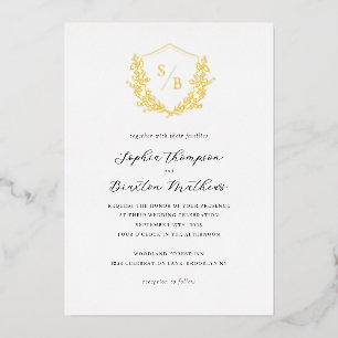 Invitación Con Relieve Metalizado Elegante cresta floral monograma minimalista para