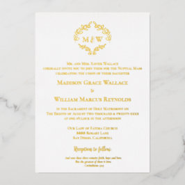 Invitación Con Relieve Metalizado Elegante Cresta Moderna de Boda Católica en oro y 