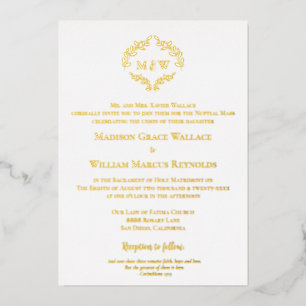 Invitación Con Relieve Metalizado Elegante Cresta Moderna de Boda Católica en oro y 