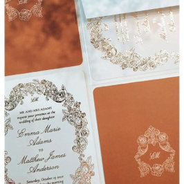 Invitación Con Relieve Metalizado Elegante Cresta Monograma Boda Barroco