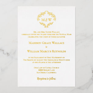 Invitación Con Relieve Metalizado Elegante crestón católico con monograma dorado y b