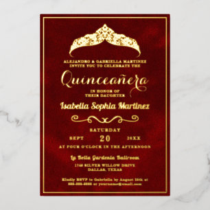 Invitación Con Relieve Metalizado Elegante Crimson Red Quinceañera 15º cumpleaños
