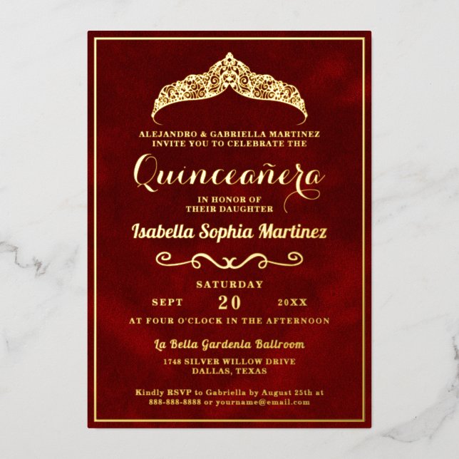 Invitación Con Relieve Metalizado Elegante Crimson Red Quinceañera 15º cumpleaños (Anverso)