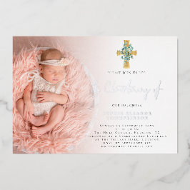 Invitación Con Relieve Metalizado Elegante Cruz de Eucalipto Foto Bautizo Real