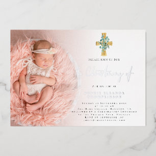 Invitación Con Relieve Metalizado Elegante Cruz de Eucalipto Foto Bautizo Real