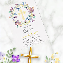 Invitación Con Relieve Metalizado Elegante Cruz de Oro Baptismo Floral
