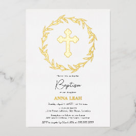 Invitación Con Relieve Metalizado Elegante Cruz de Oro Bautizo