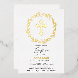 Invitación Con Relieve Metalizado Elegante Cruz de Oro Bautizo
