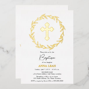 Invitación Con Relieve Metalizado Elegante Cruz de Oro Bautizo