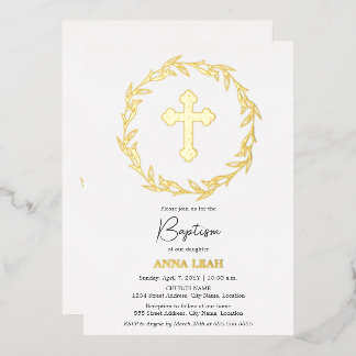 Invitación Con Relieve Metalizado Elegante Cruz de Oro Bautizo