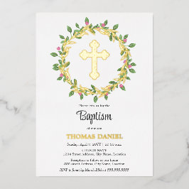 Invitación Con Relieve Metalizado Elegante Cruz de Oro Bautizo Corona Floral