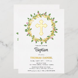 Invitación Con Relieve Metalizado Elegante Cruz de Oro Bautizo Corona Floral
