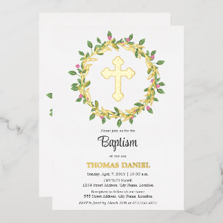 Invitación Con Relieve Metalizado Elegante Cruz de Oro Bautizo Corona Floral