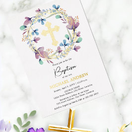 Invitación Con Relieve Metalizado Elegante Cruz de Oro Bautizo Floral