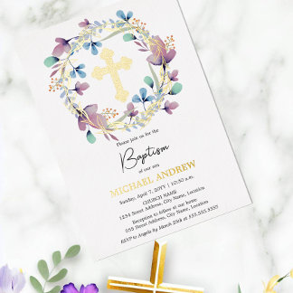 Invitación Con Relieve Metalizado Elegante Cruz de Oro Bautizo Floral
