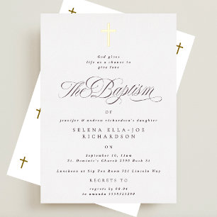 Invitación Con Relieve Metalizado Elegante Cruz de Oro Caligrafía Bautizo