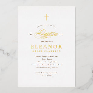 Invitación Con Relieve Metalizado Elegante Cruz de Oro con Caligrafía Bautizo