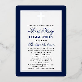 Invitación Con Relieve Metalizado Elegante Cruz de Primera Comunión en Marco de Plat