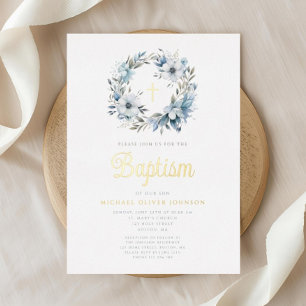 Invitación Con Relieve Metalizado Elegante Cruz Floral Azul Bautizo Niño
