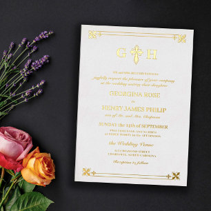 Invitación Con Relieve Metalizado Elegante Cruz Monograma Decorativa Tradicional