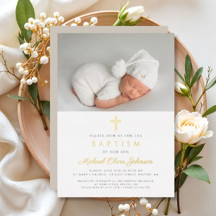 Invitación Con Relieve Metalizado Elegante Cruz Religiosa Foto Bautista Oro
