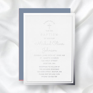 Invitación Con Relieve Metalizado Elegante Cruz Religiosa Polvo Azul Bautizo Niño