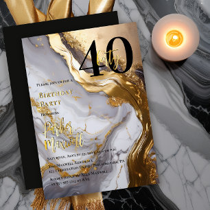 Invitación Con Relieve Metalizado Elegante Cumpleaños 40 Moderno Mármol Blanco Oro
