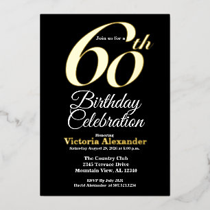 Invitación Con Relieve Metalizado Elegante Cumpleaños 60 en Oro y Negro