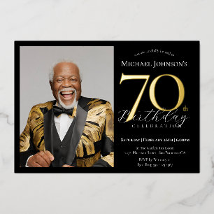 Invitación Con Relieve Metalizado Elegante Cumpleaños 70 Foto en Negro y Dorado