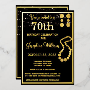 Invitación Con Relieve Metalizado Elegante Cumpleaños 70 Setenta Negro ORO Real