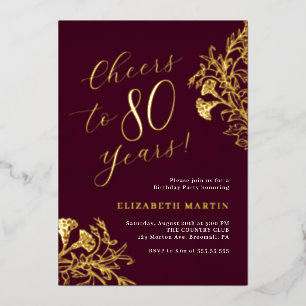 Invitación Con Relieve Metalizado Elegante Cumpleaños 80 Burgundy Oro