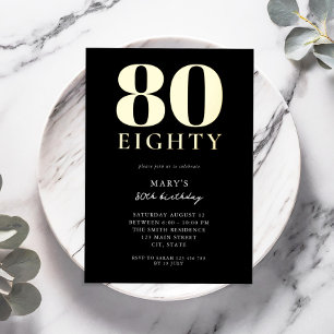 Invitación Con Relieve Metalizado Elegante Cumpleaños 80 Moderno Negro y Dorado